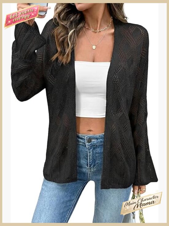 Sweaters - Crochet Cardigan Sweater Long Sleeve Open Front Lightweight Boho Beach Cover Up